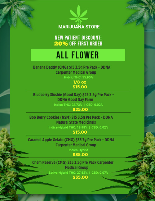 Cannabis (Marijuana) online flyer design editor | Cannamako digital menu maker