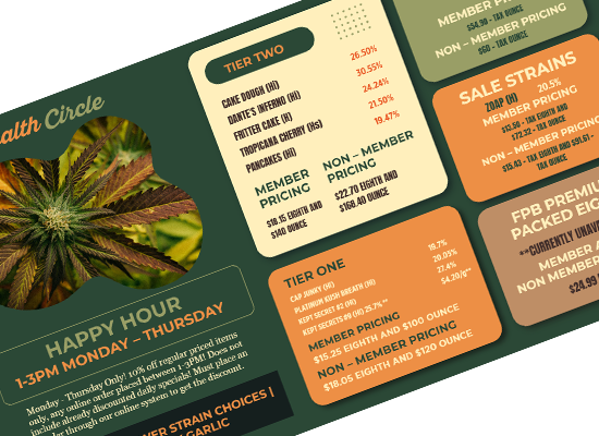 Cannabis (Marijuana) all digital menu board templates, flyers, posters, business card for print | Cannamako digital menu maker