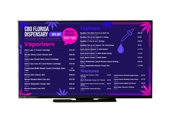 Cannabis (Marijuana) digital menu board templates | Cannamako digital menu maker