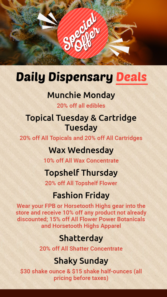 Daily Dispensary Deals Digital menu | Cannamako design tool