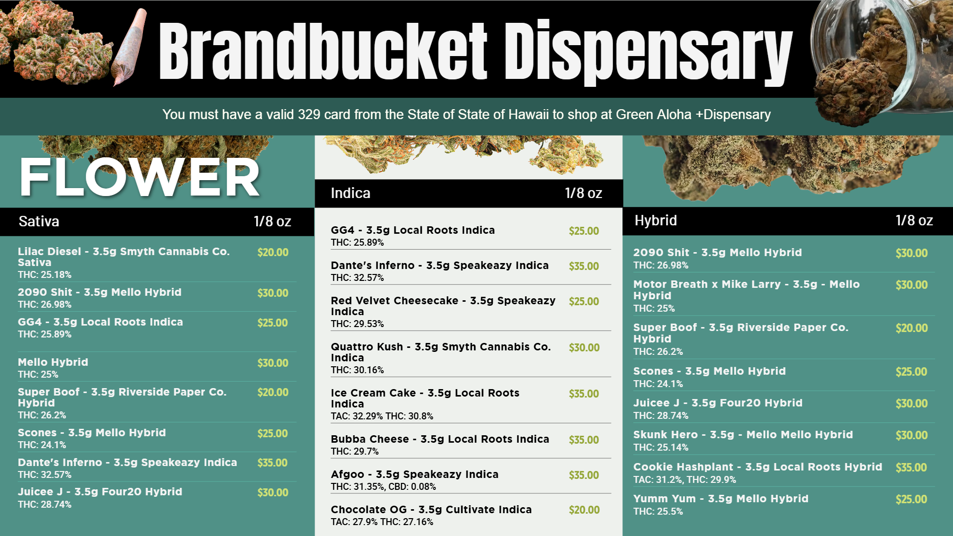 Stunning Flower dispensary menu Board  | Cannamako Marijuana menu design tool